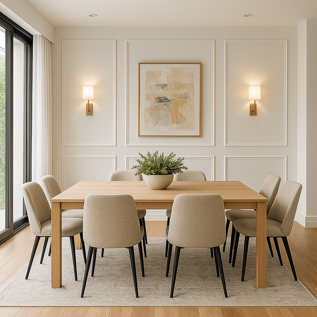 Decorative panel moulding installed on a warm white feature wall