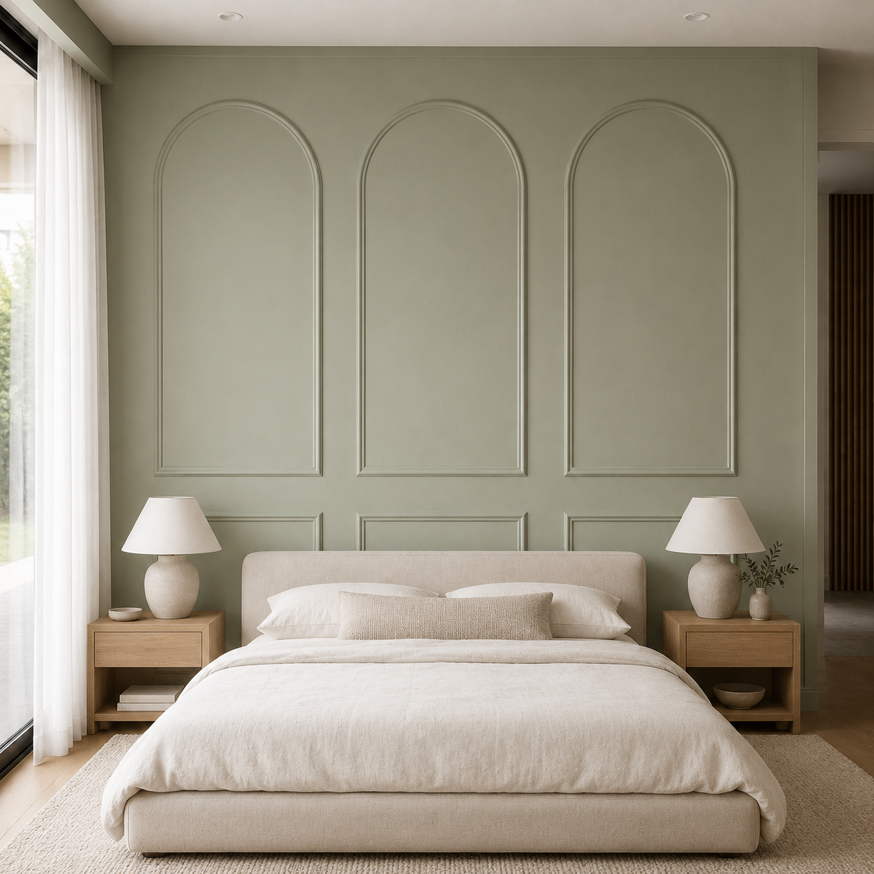 Three-arch wall moulding painted sage behind a neutral upholstered bed