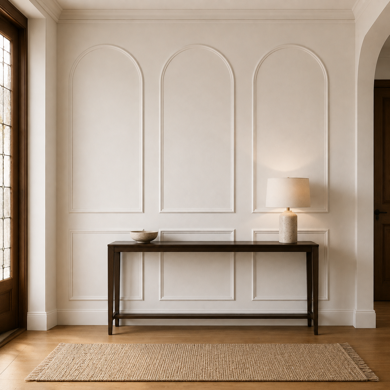 Three-arch wall moulding in a warm white entryway above a timber console