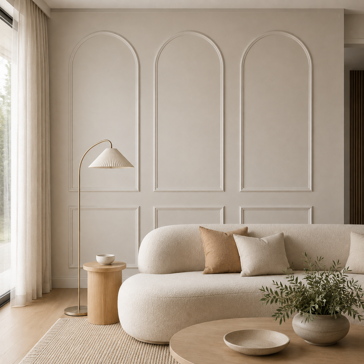 Three-arch wall moulding behind a curved cream sofa in a calm living room