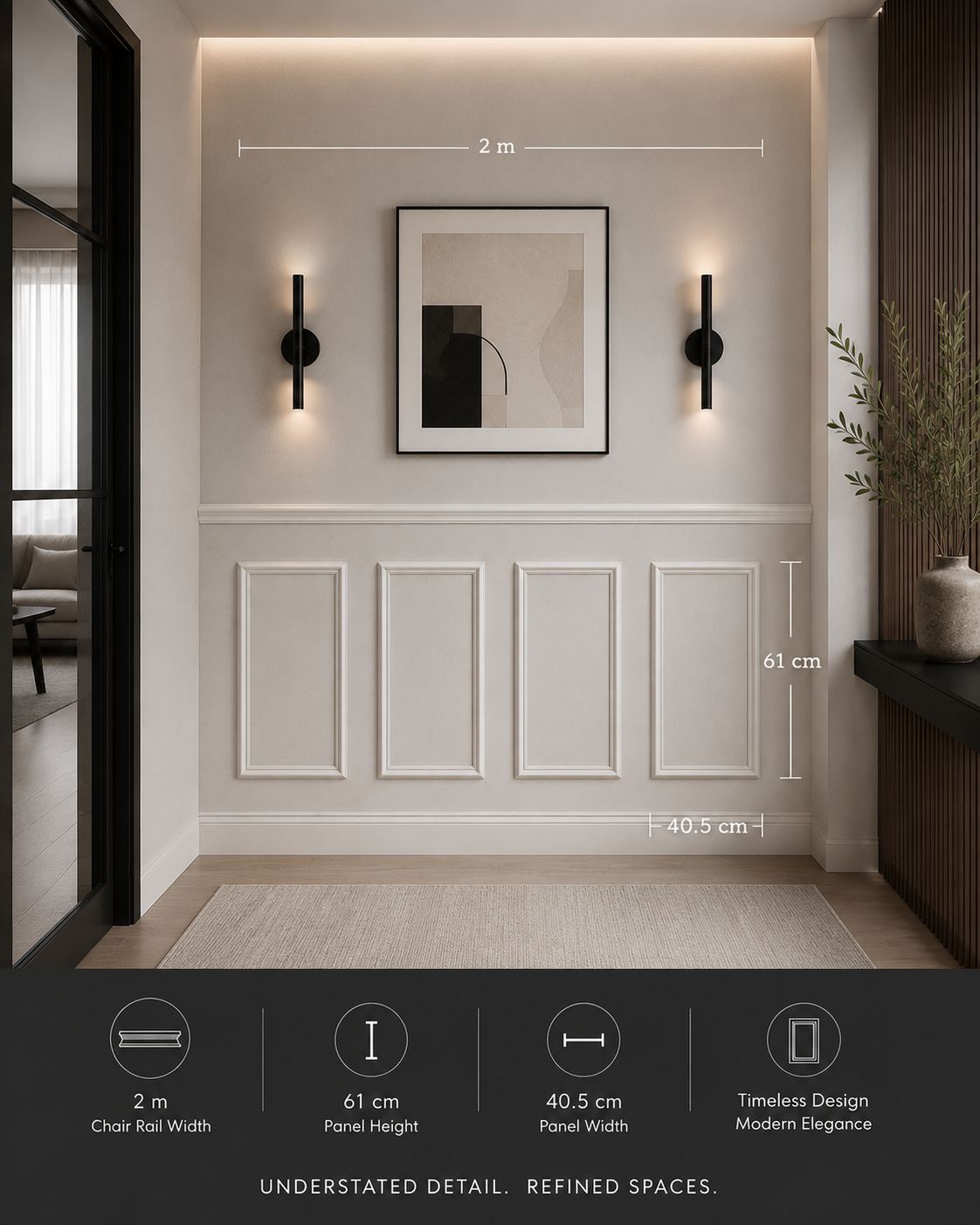 Classic wainscoting wall panels in a bright interior